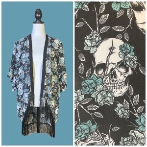 Hot Topic Multicolored High Low Goth Skull & Floral Chiffon Fringe Kimono Size M